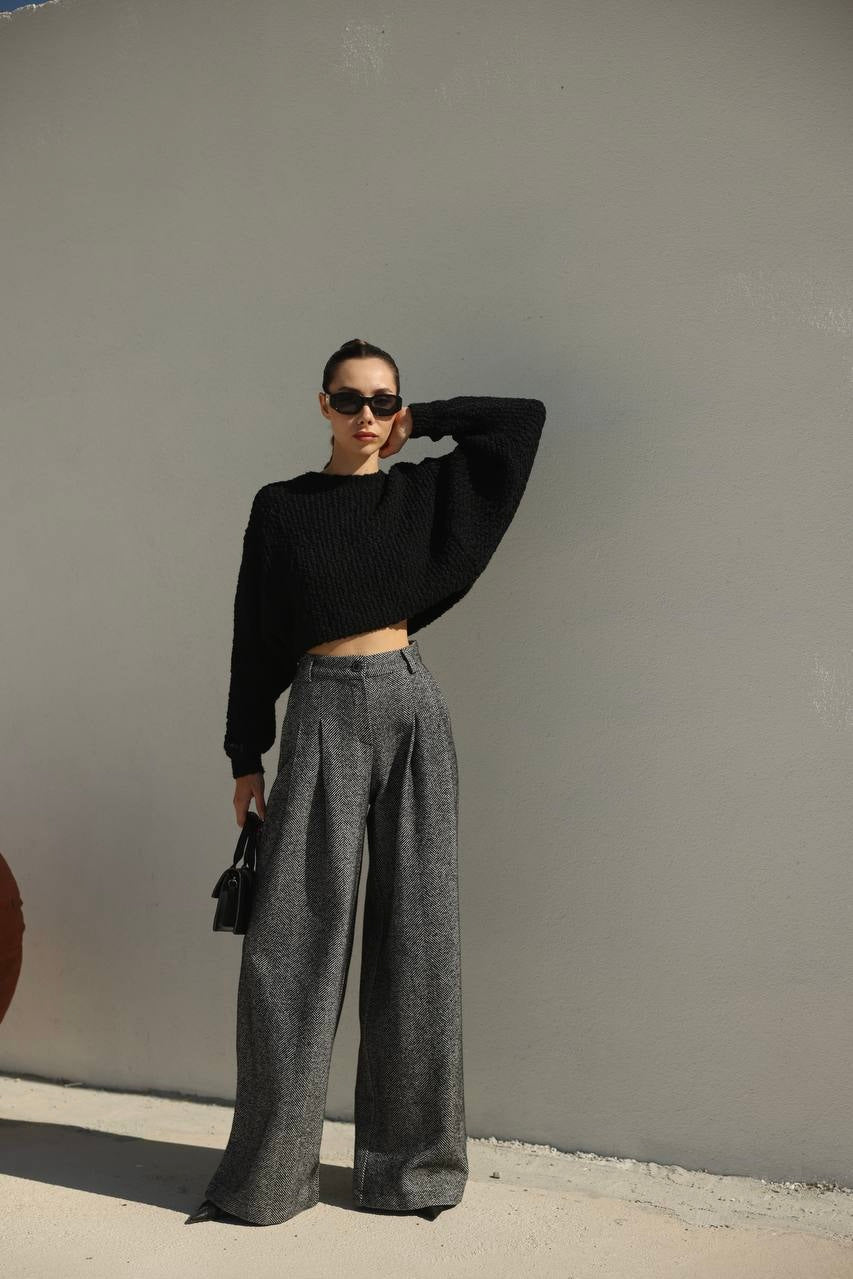 Herringbone Wool Wide Legs Pants