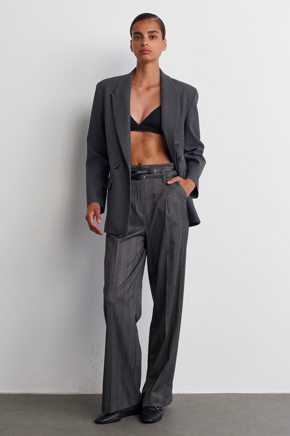 Belted High-Waist Pants - Gray