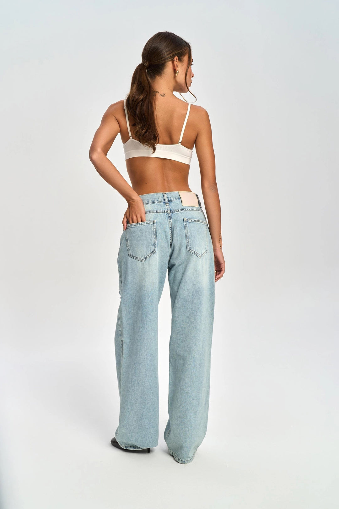 Relaxed Fit Patch Detail Distressed Wide Leg Jeans