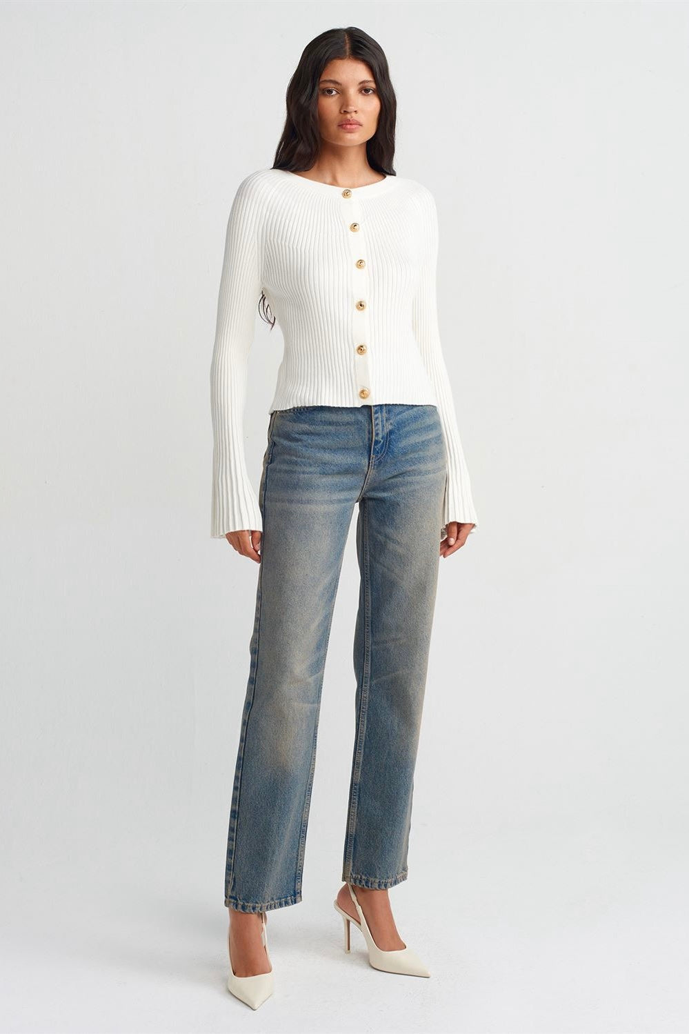 Flared Sleeves Button Up Cardigan