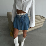 Pleated Denim Mini Skort
