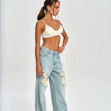Relaxed Fit Patch Detail Distressed Wide Leg Jeans