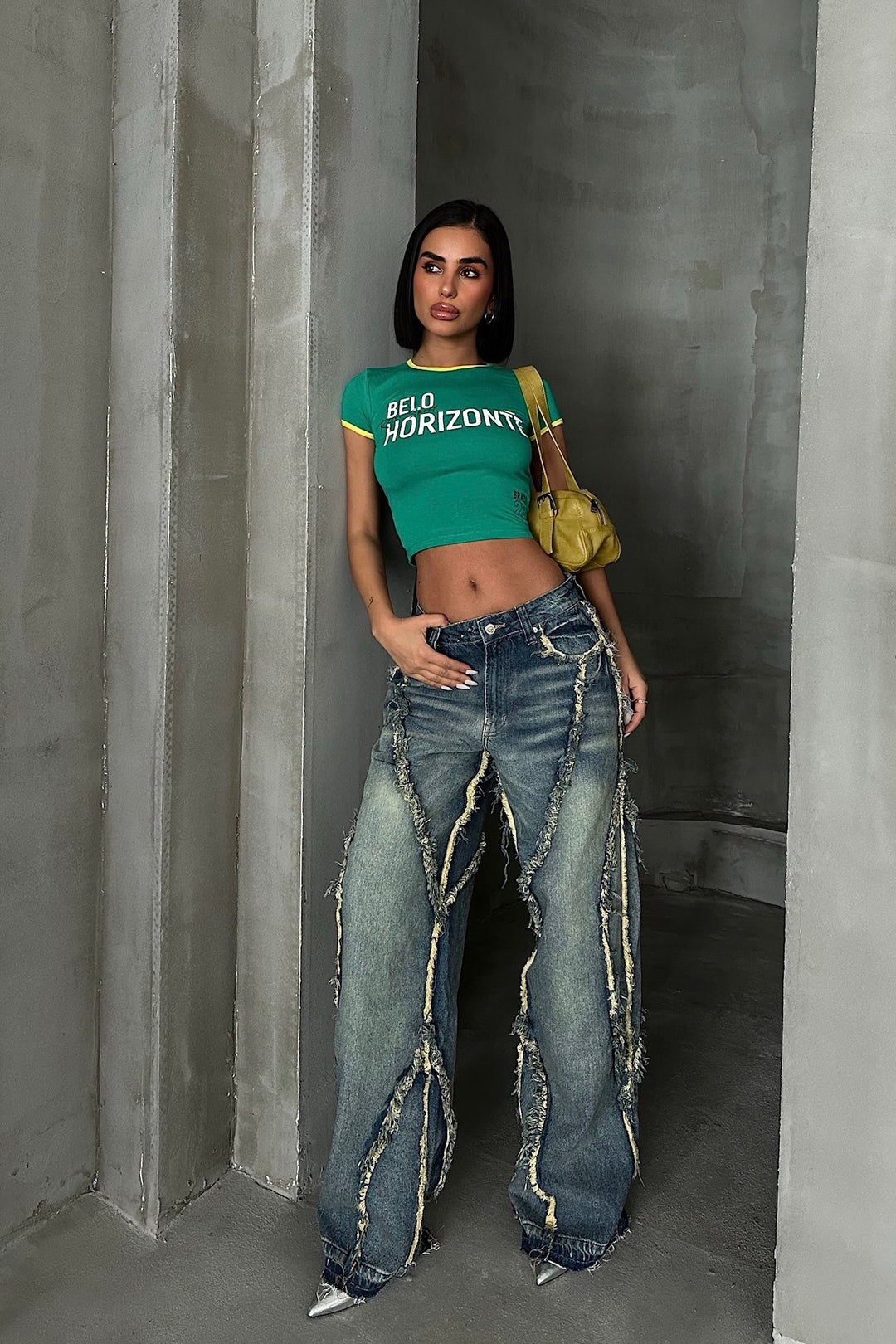 Tassel Wide-Leg Jeans Green Wash