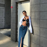 Front Split V Stitch Design Denim Skirt