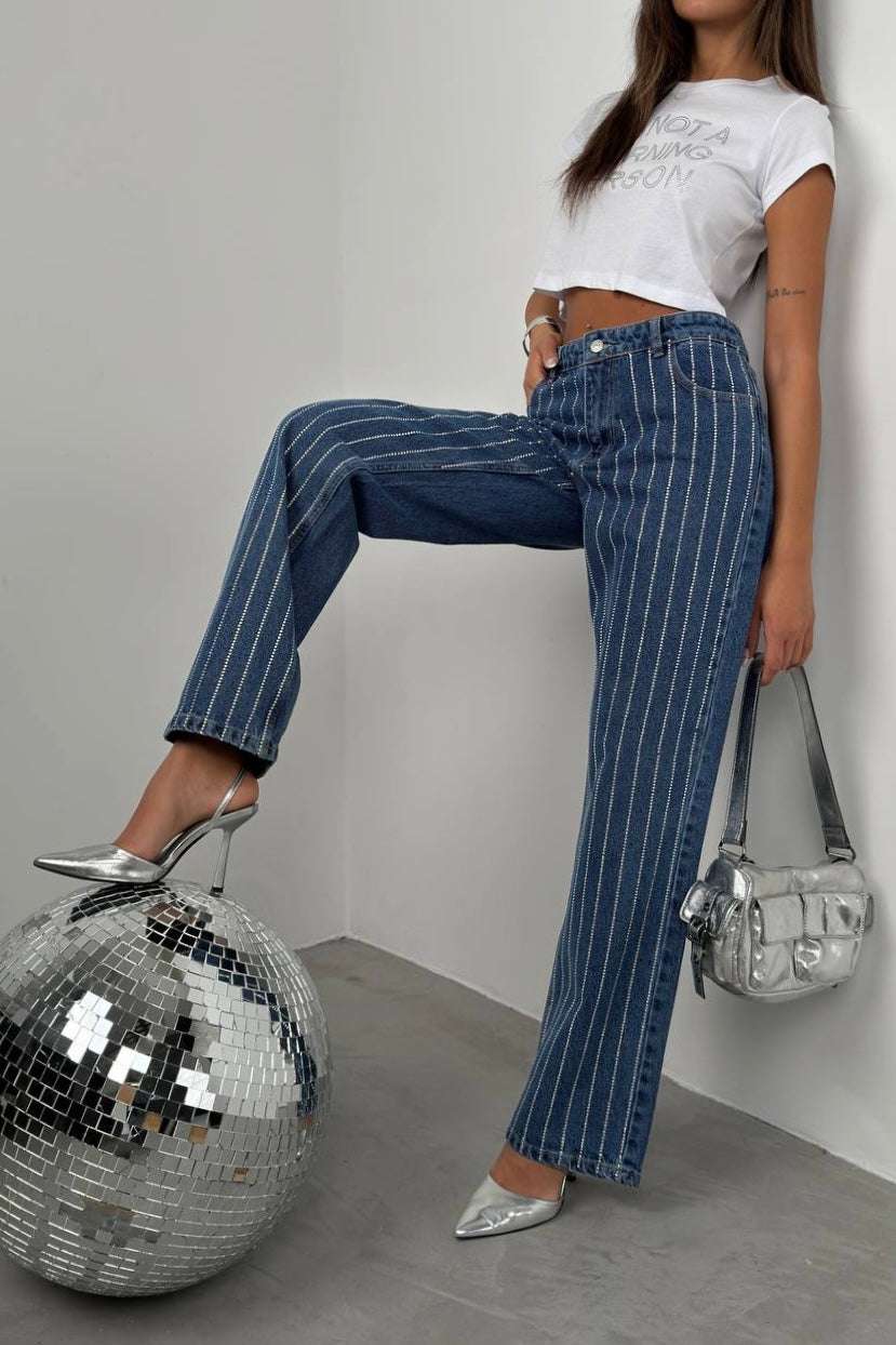 Rhinestone Striped Straight Jeans