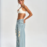 Relaxed Fit Patch Detail Distressed Wide Leg Jeans
