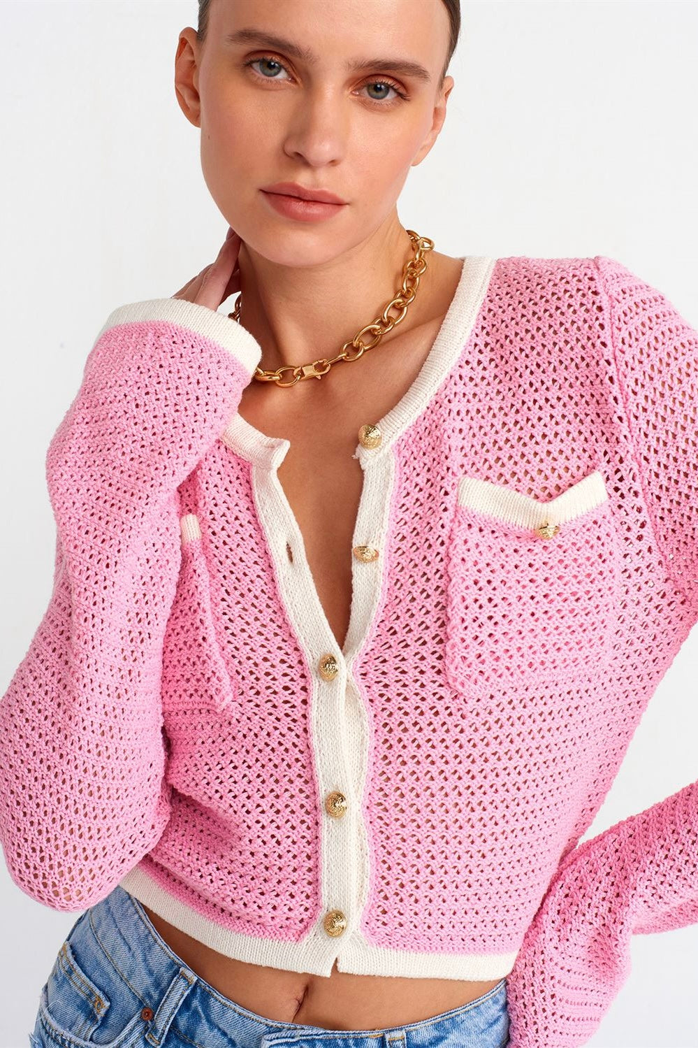 Golden Buttoned Crochet Cardigan