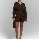 Button Detailed Utility Short Jumpsuit Brown