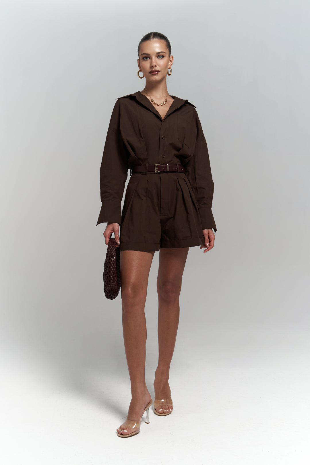 Button Detailed Utility Short Jumpsuit Brown