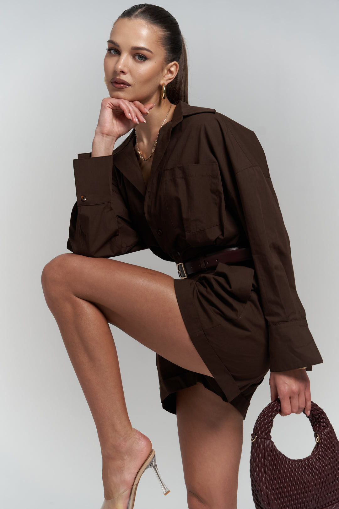 Button Detailed Utility Short Jumpsuit Brown