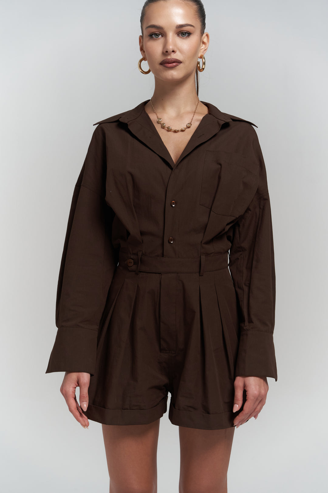 Button Detailed Utility Short Jumpsuit Brown