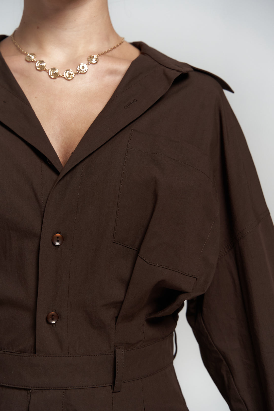 Button Detailed Utility Short Jumpsuit Brown
