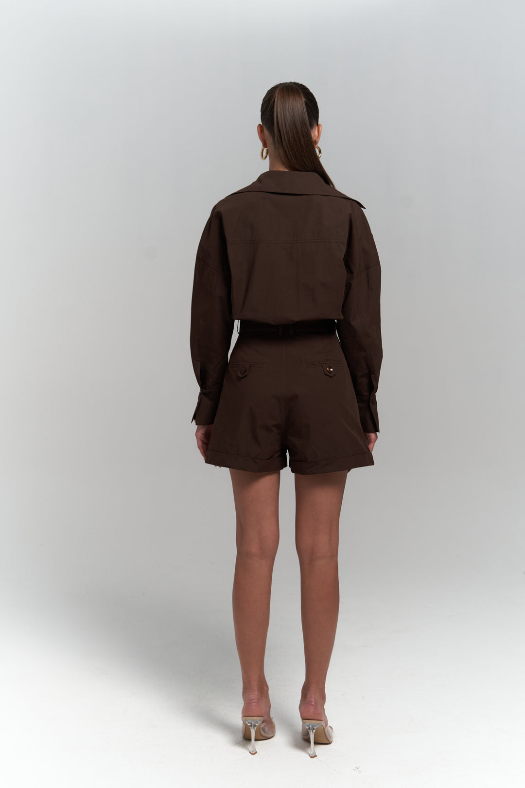 Button Detailed Utility Short Jumpsuit Brown