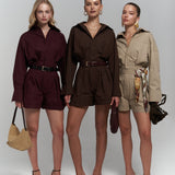 Button Detailed Utility Short Jumpsuit Brown