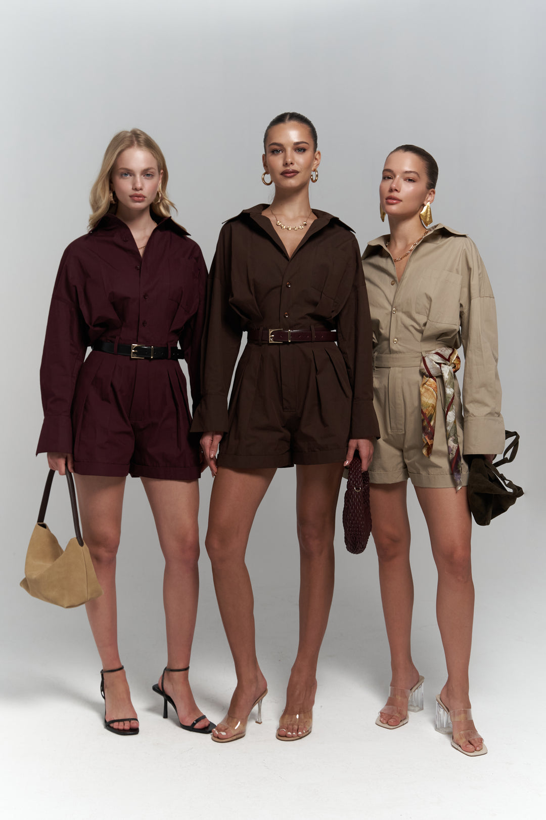 Button Detailed Utility Short Jumpsuit Brown