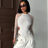 Sheer Sleeve Cut-Out Bodysuit White
