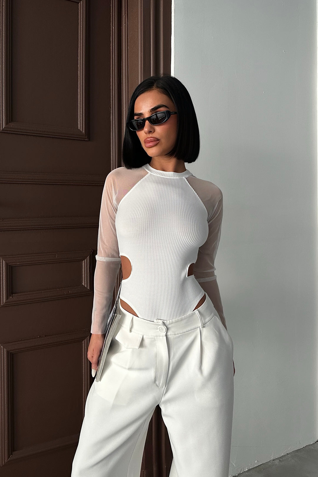 Sheer Sleeve Cut-Out Bodysuit