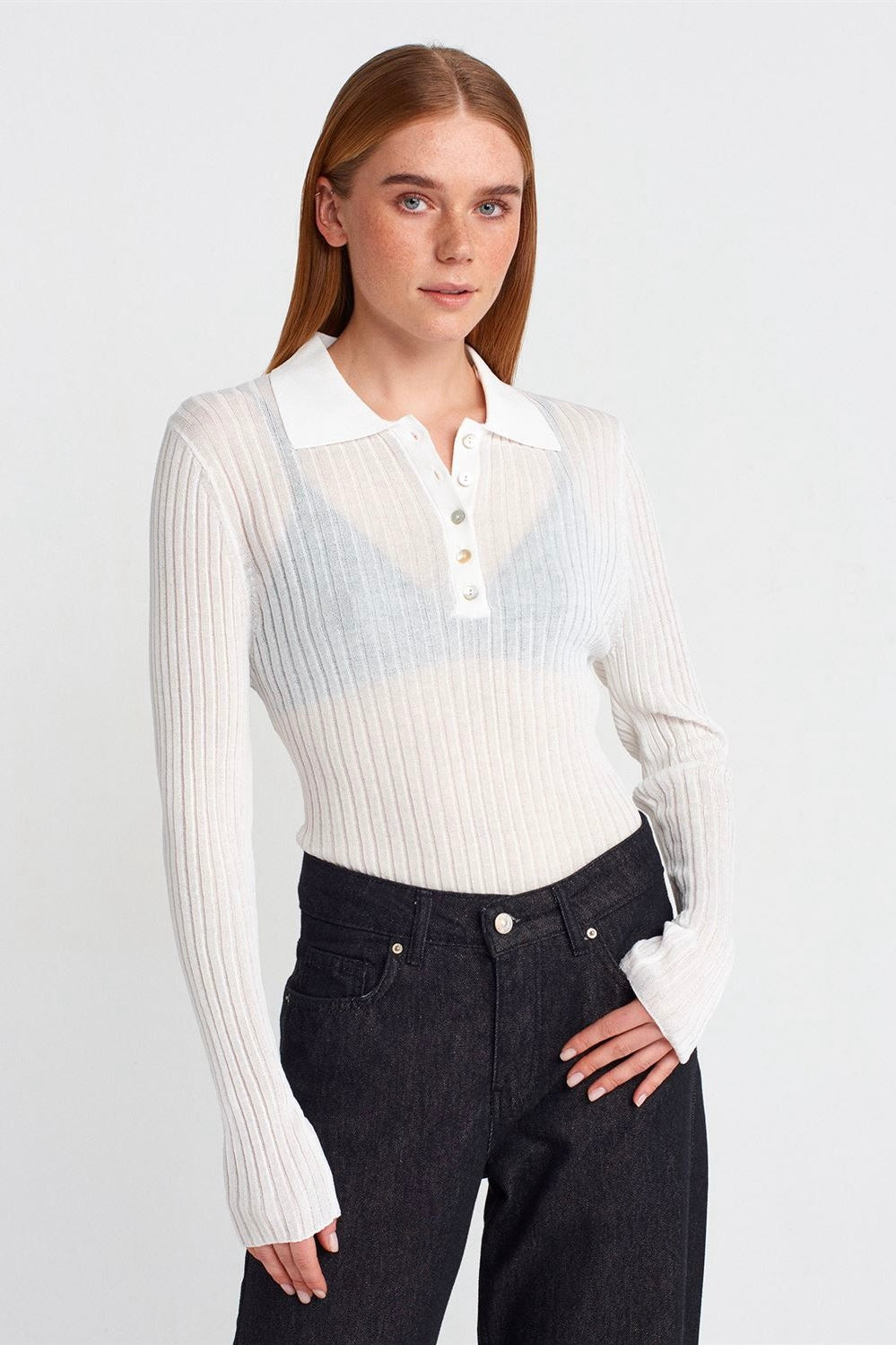 Buttoned Polo Collar Lightweight Knit Sweater