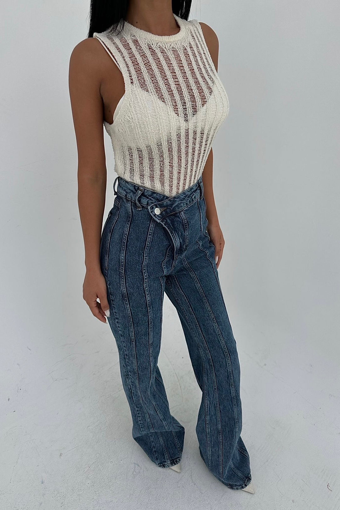 Cross-Button Flared Denim with Stitch Detailing