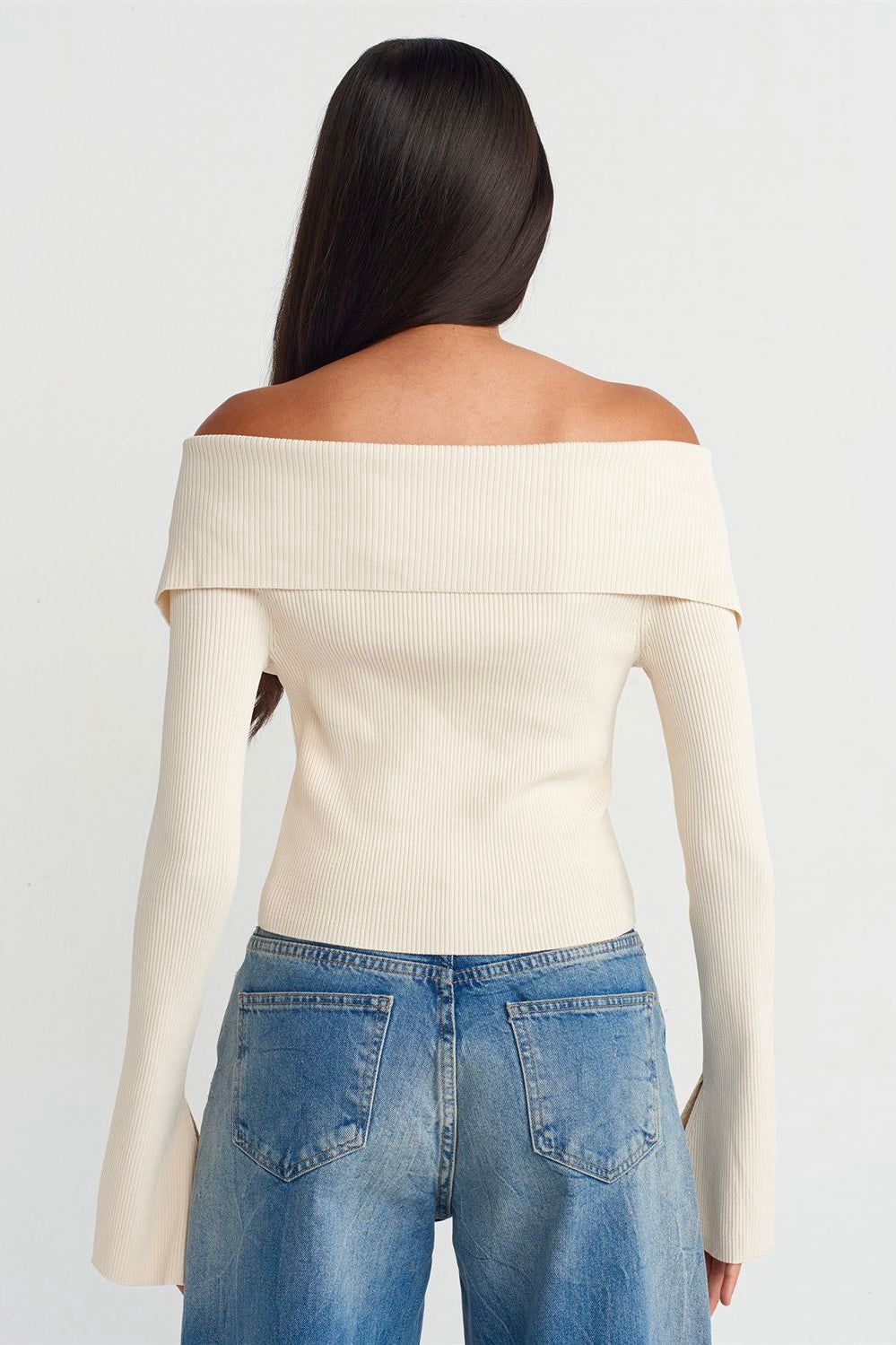 Off-Shoulder Zip-Up Ribbed Top
