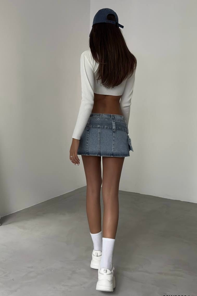 Low Waist Cross Belt Denim Skirt