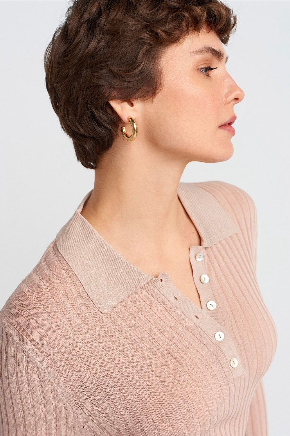Buttoned Polo Collar Lightweight Knit Sweater