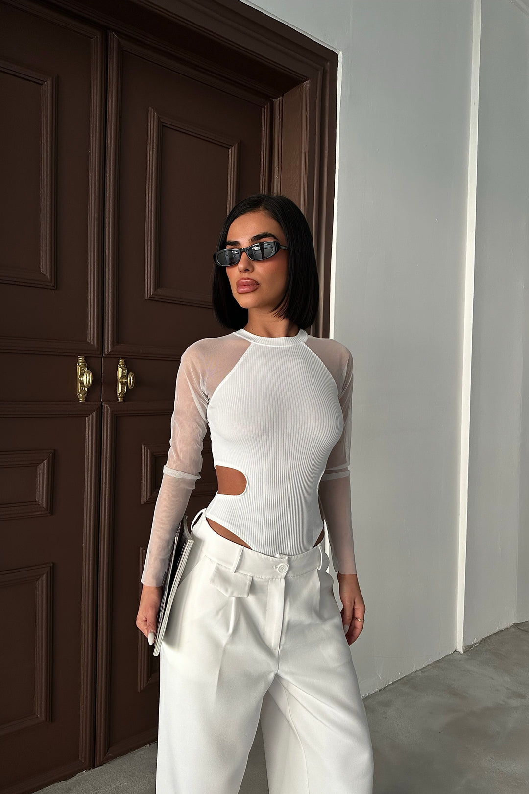 Sheer Sleeve Cut-Out Bodysuit