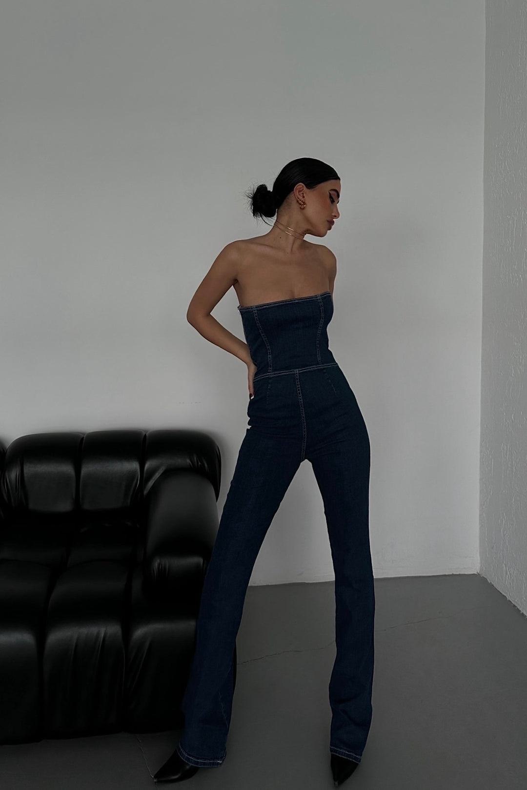 Off Shoulder Denim Jumpsuit