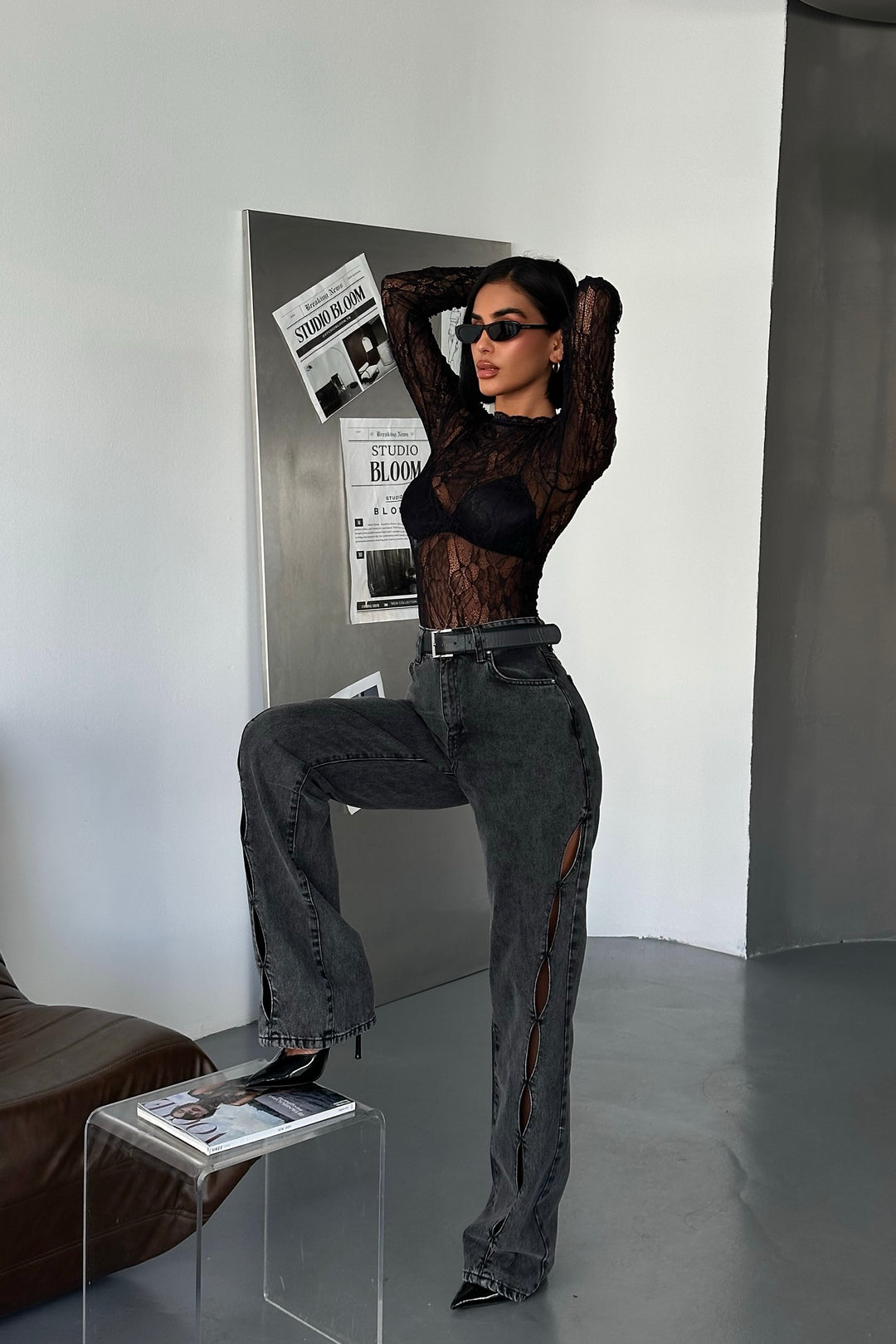 Charcoal Cut-Out High Rise Jeans