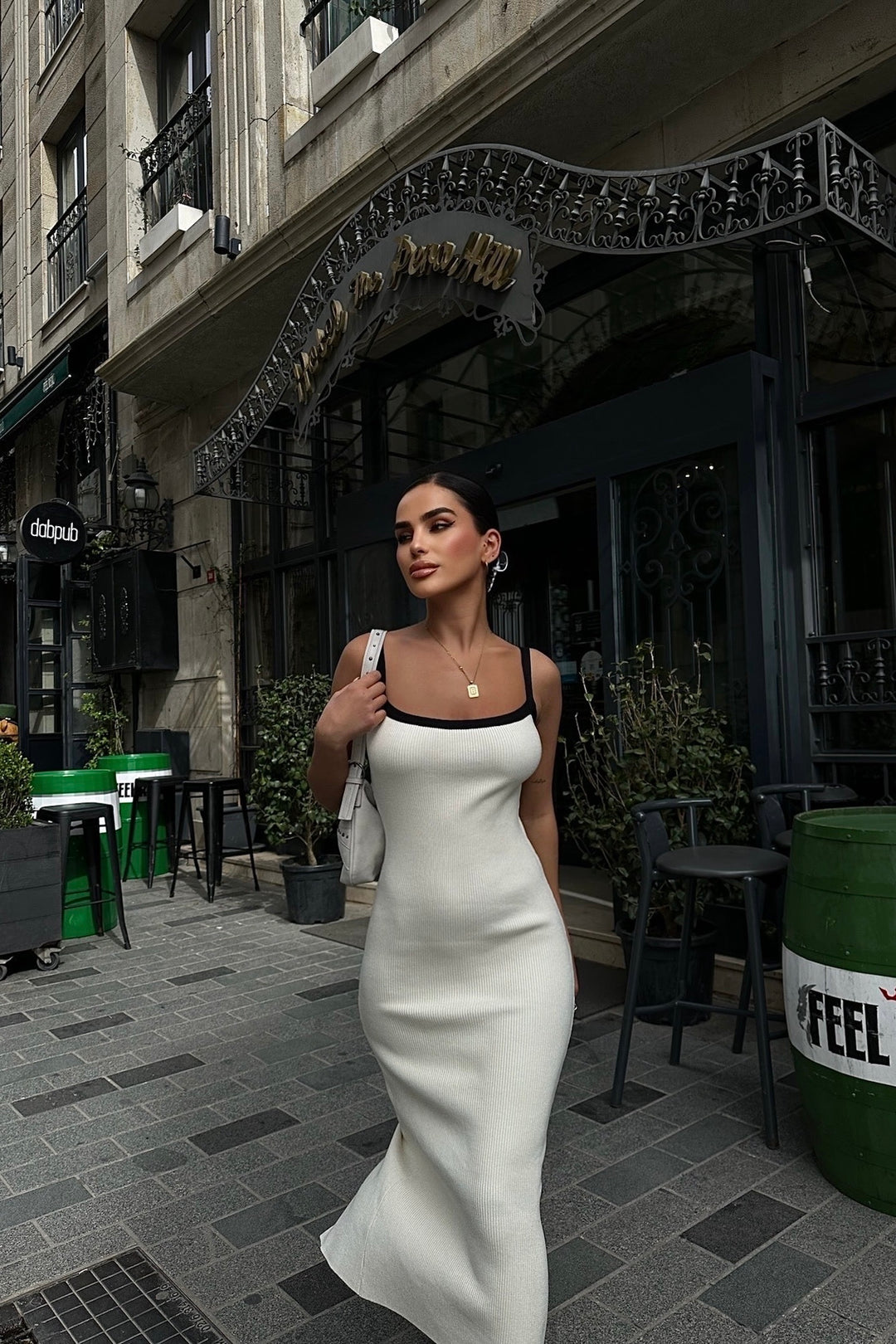 Black Strings Ribbed Cream Dress