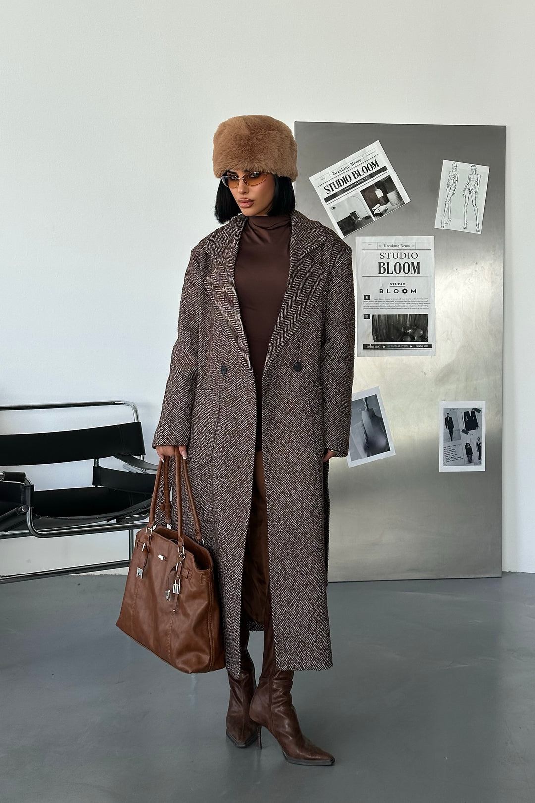 Brown Herringbone Wool Belted Coat