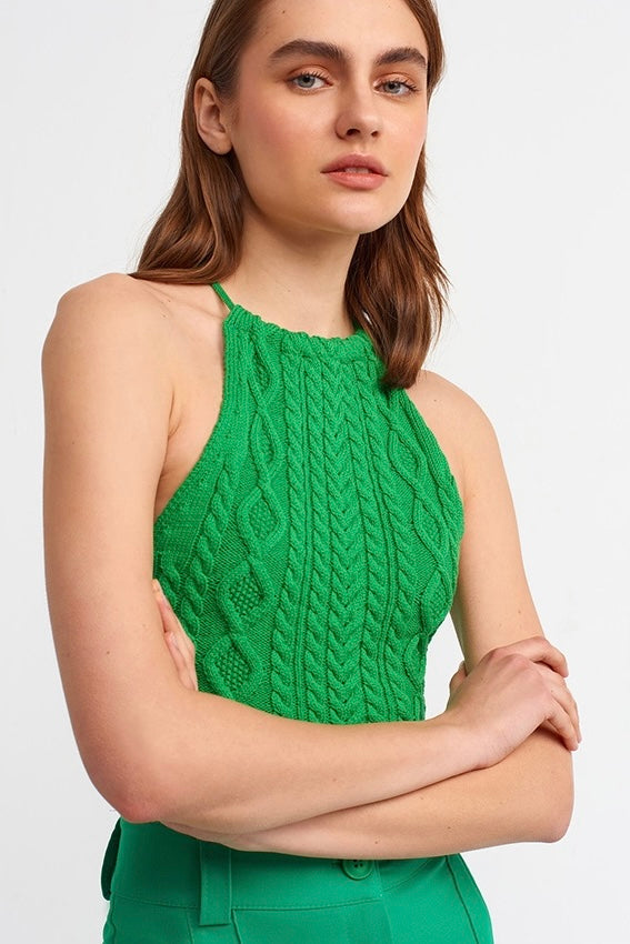 Knitted Back Tie Strings Crop Green