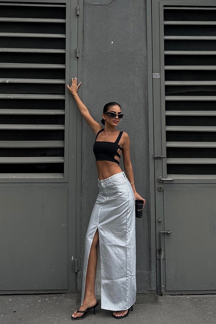 Silver Wash Slit Long Skirt