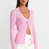 Ribbed Cardigan with Flower Detail
