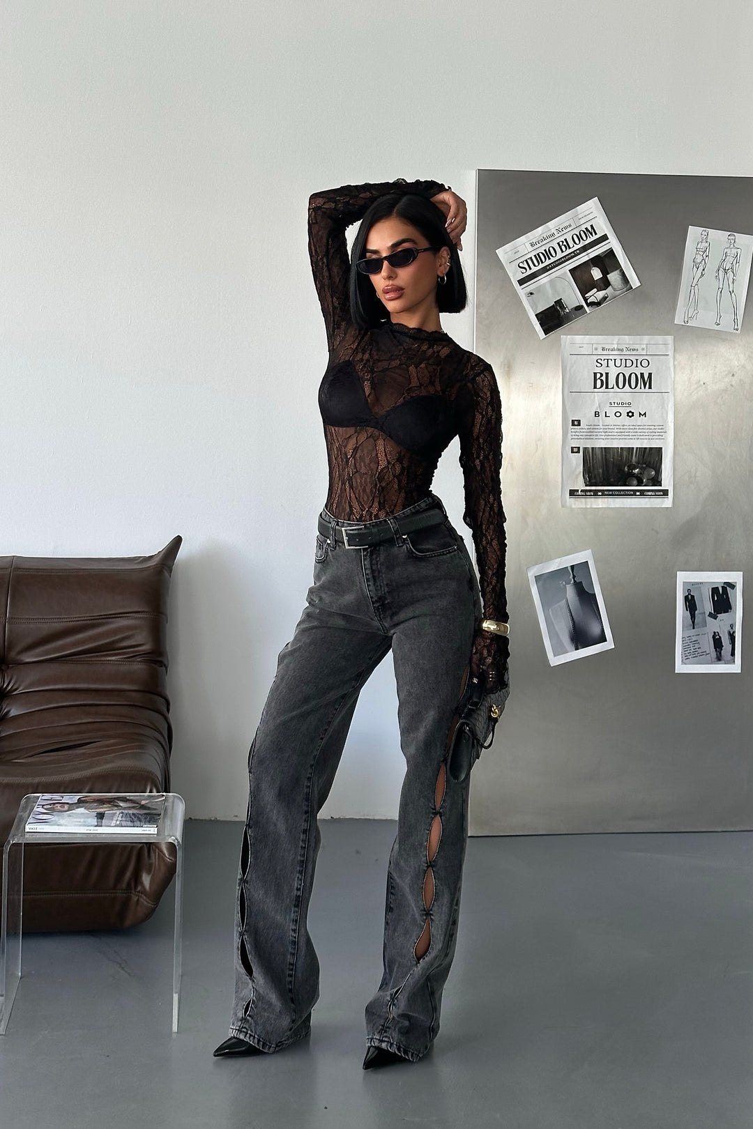 Charcoal Cut-Out High Rise Jeans