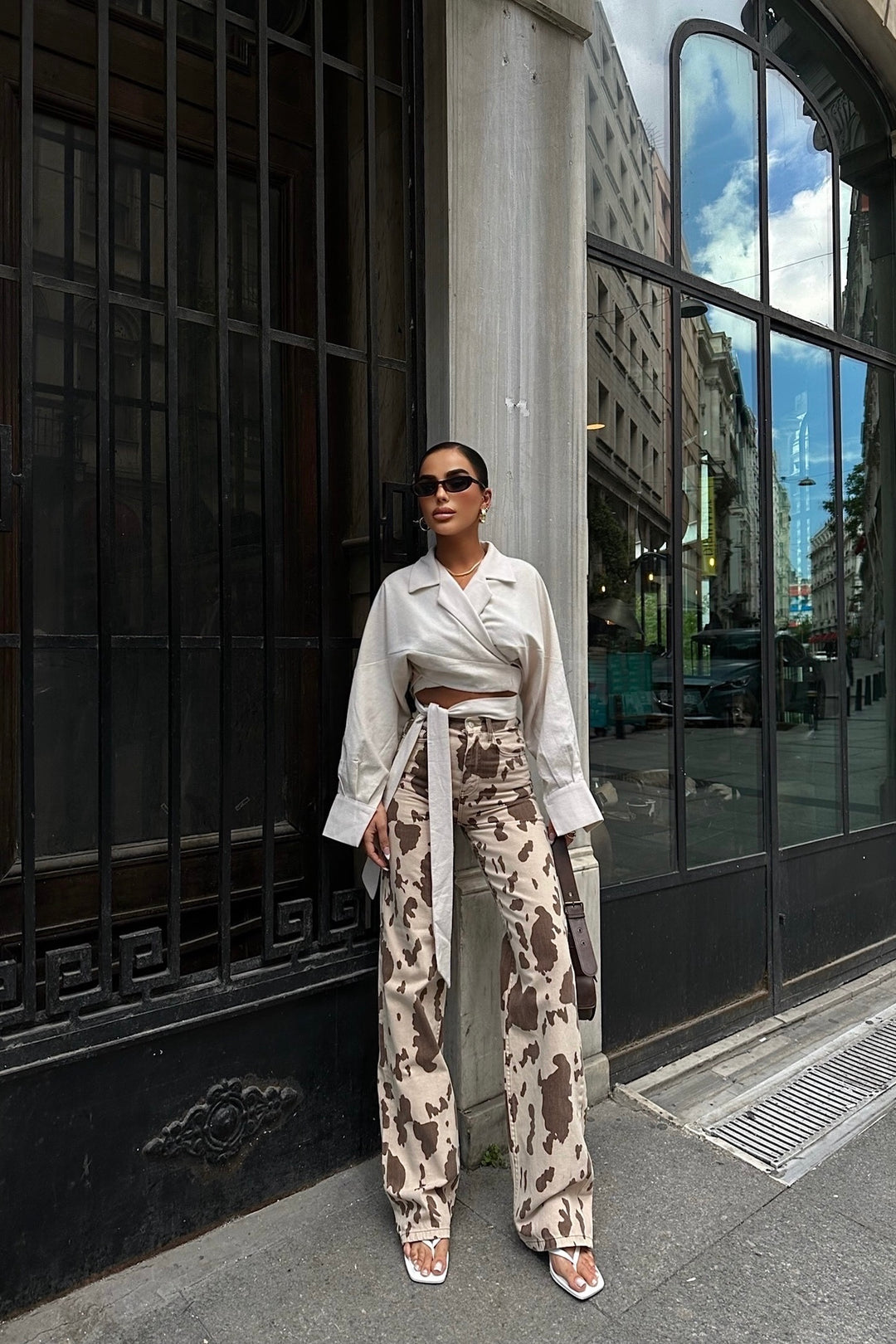 Brown Cow Print Straight Pants