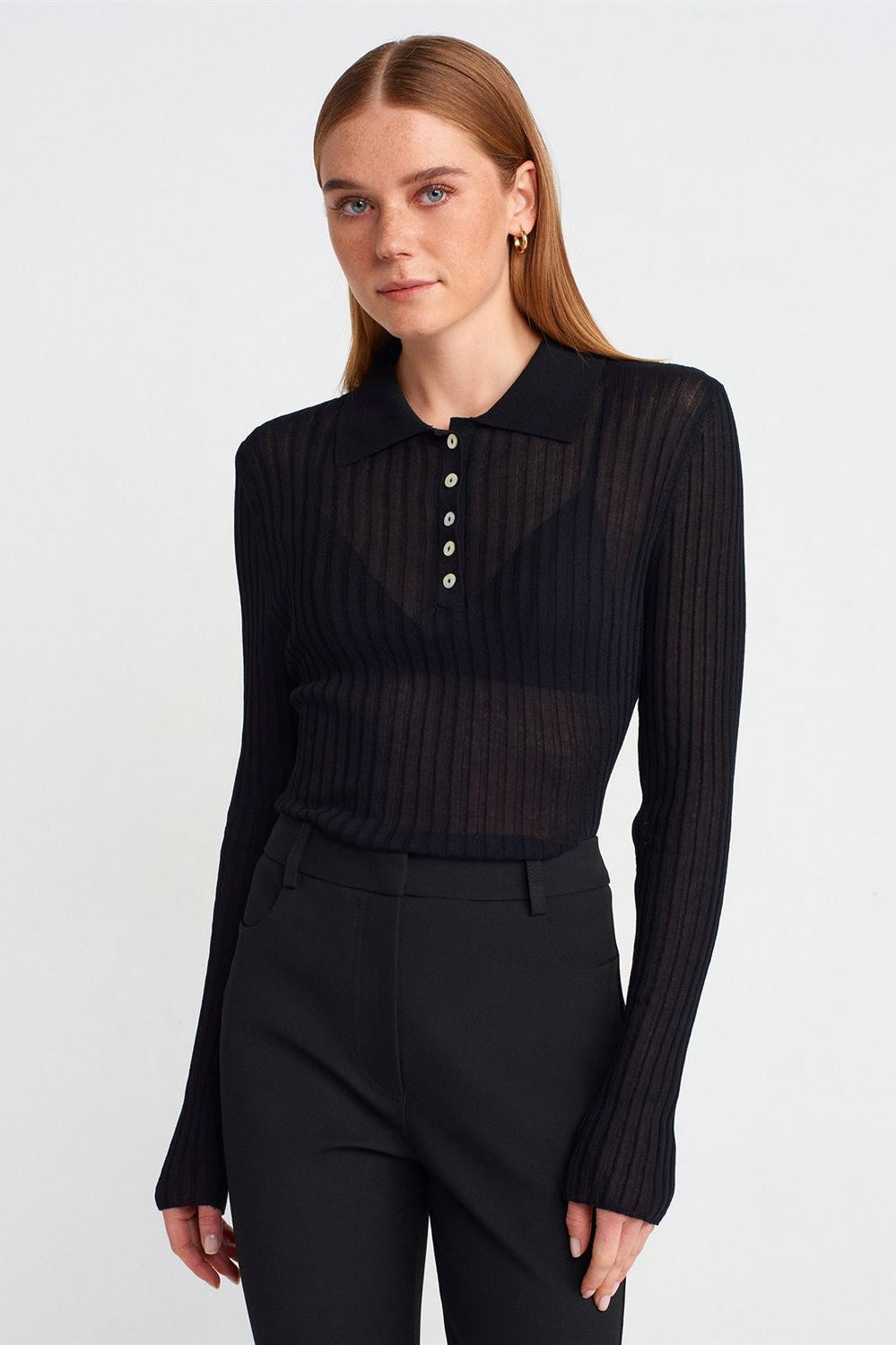 Buttoned Polo Collar Lightweight Knit Sweater