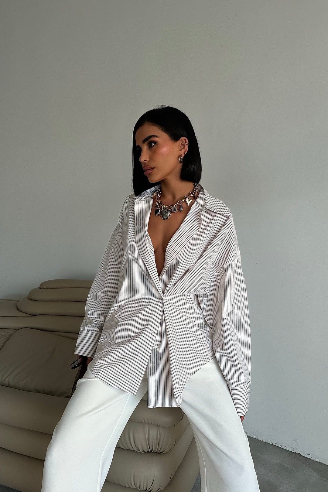 Crossed-Button Oversized Shirt