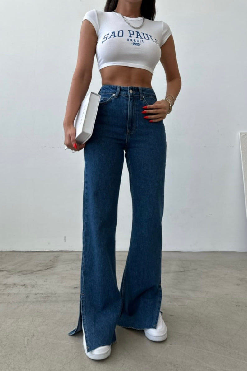 Wide Side Split Jeans Dark Blue