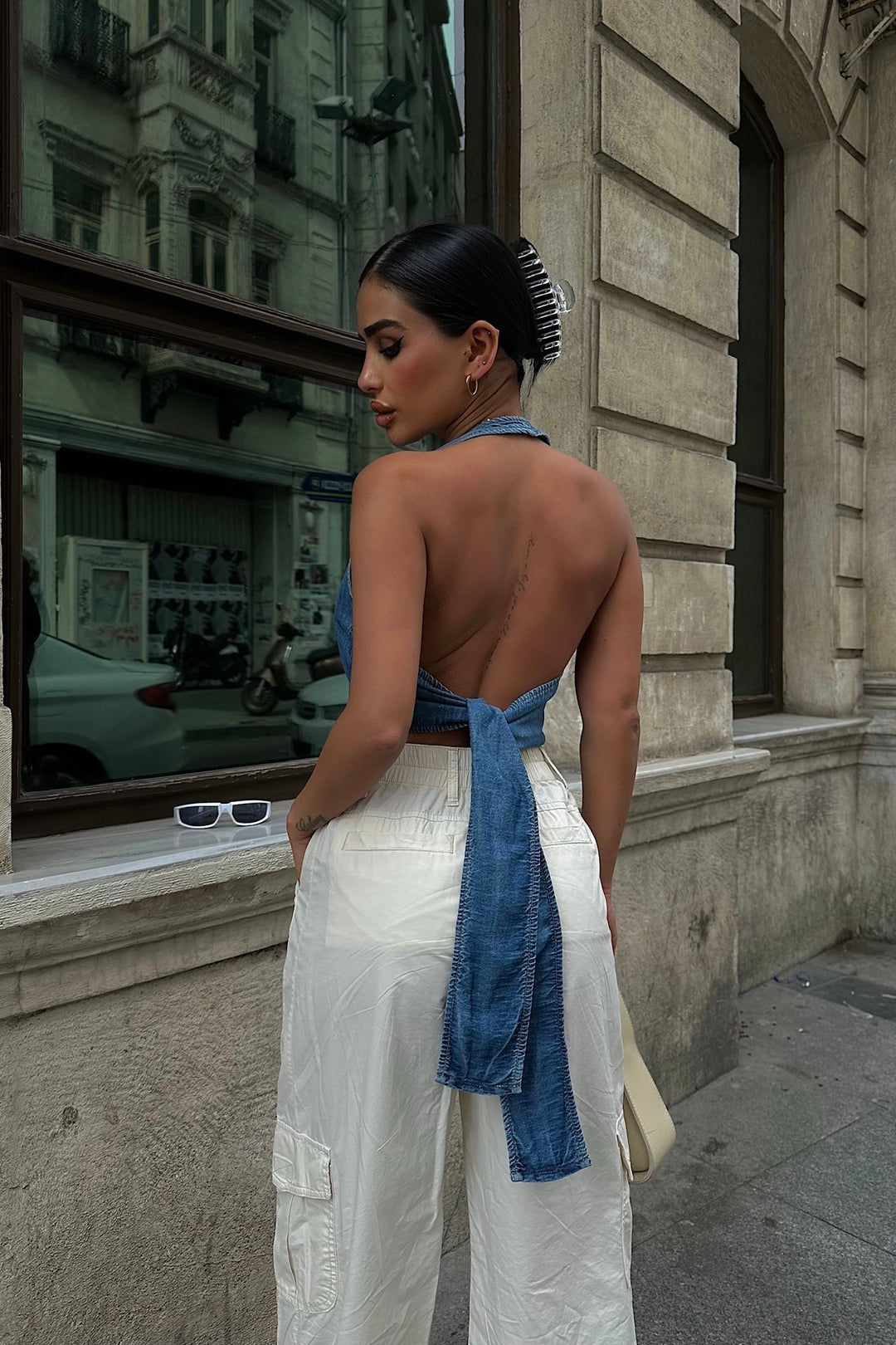 Open Tie Back Denim Top