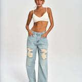 Relaxed Fit Patch Detail Distressed Wide Leg Jeans