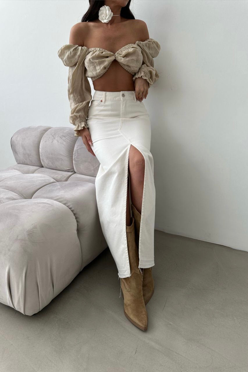 Long Slit Beige Jean Skirt