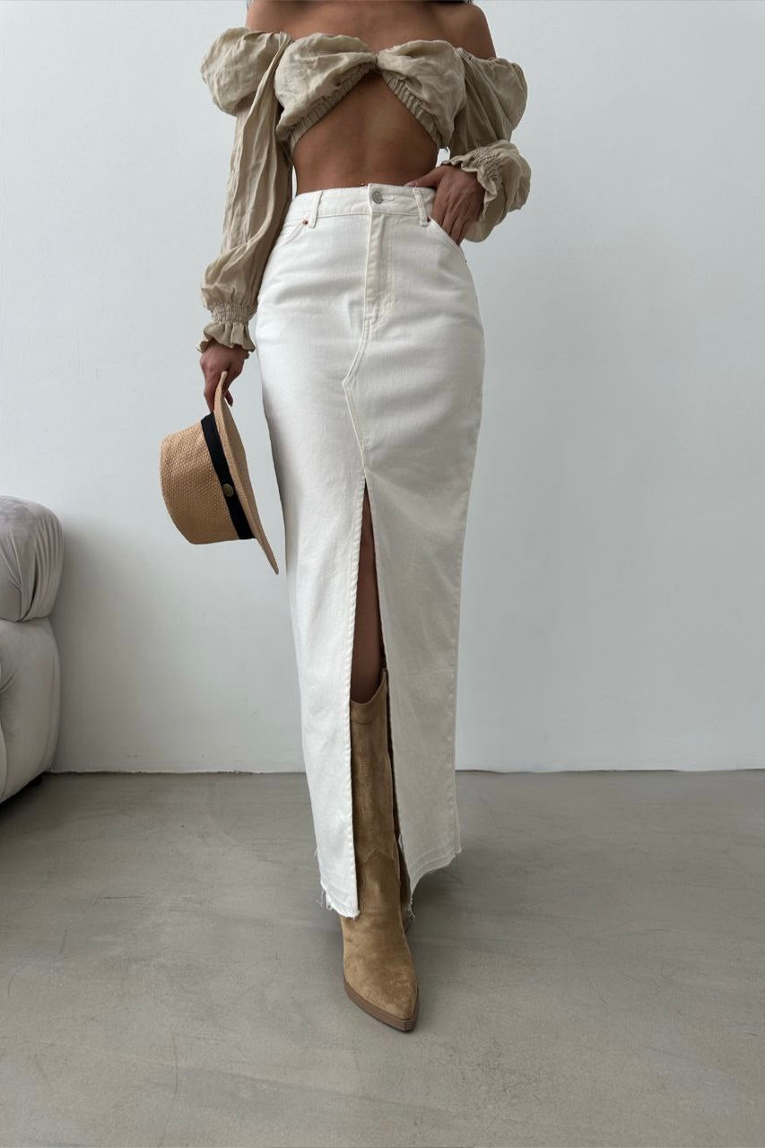 Long Slit Beige Jean Skirt