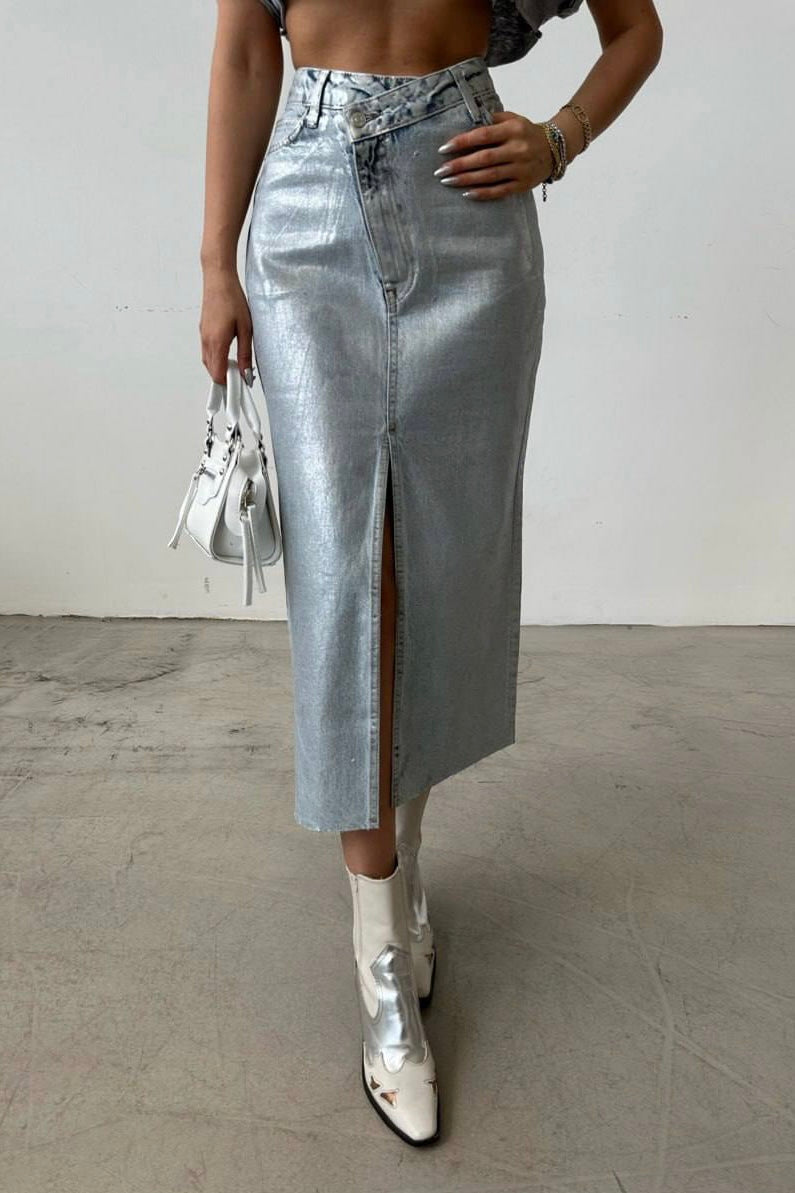 Polished Criss Cross Jean Skirt