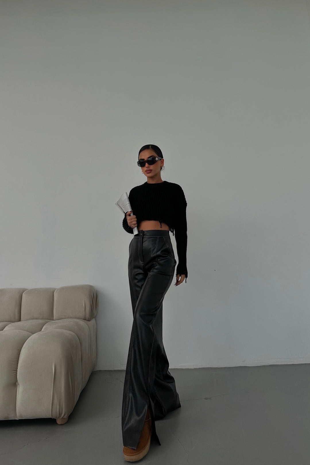 Black Faux Leather Pants with White Stitch