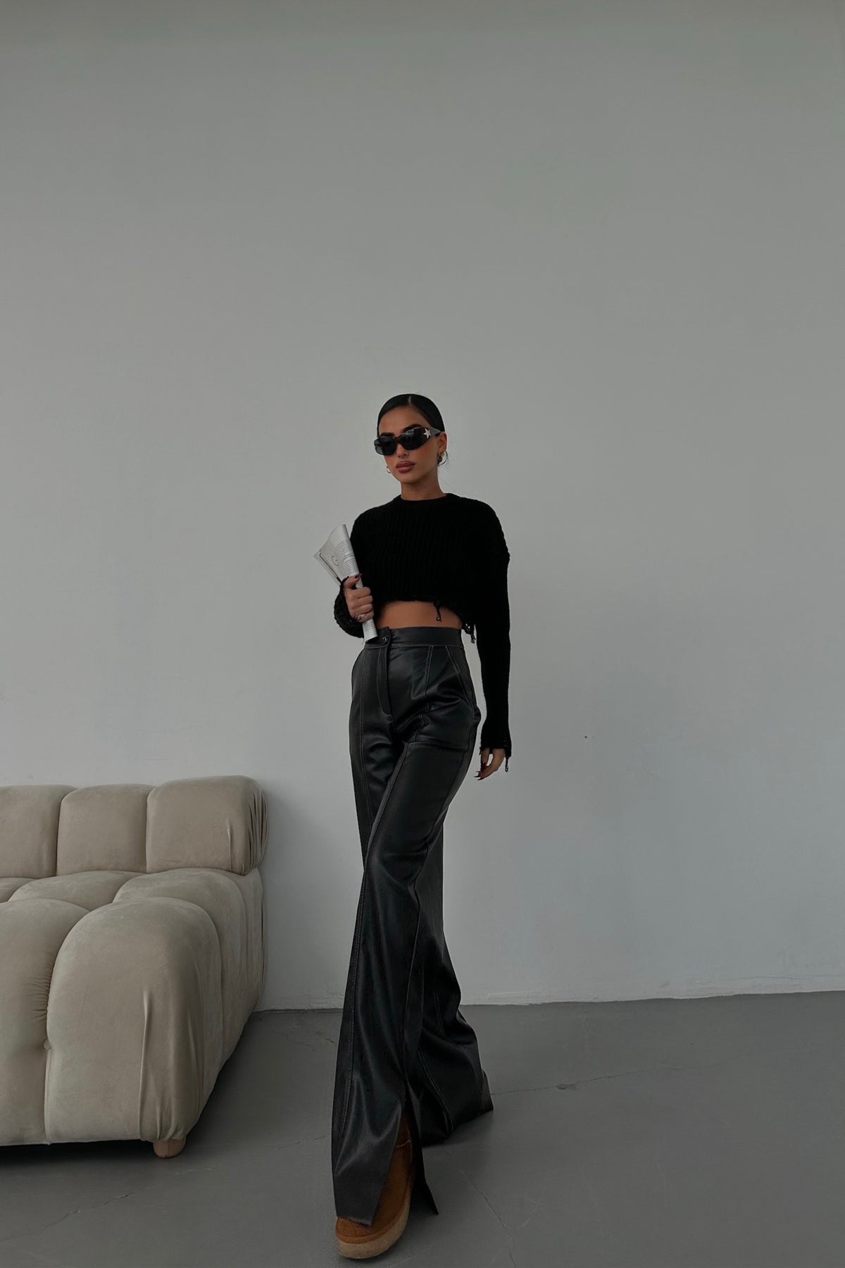Black Faux Leather Pants with White Stitch