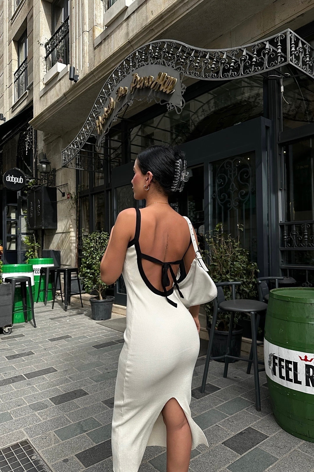 Black Strings Ribbed Cream Dress