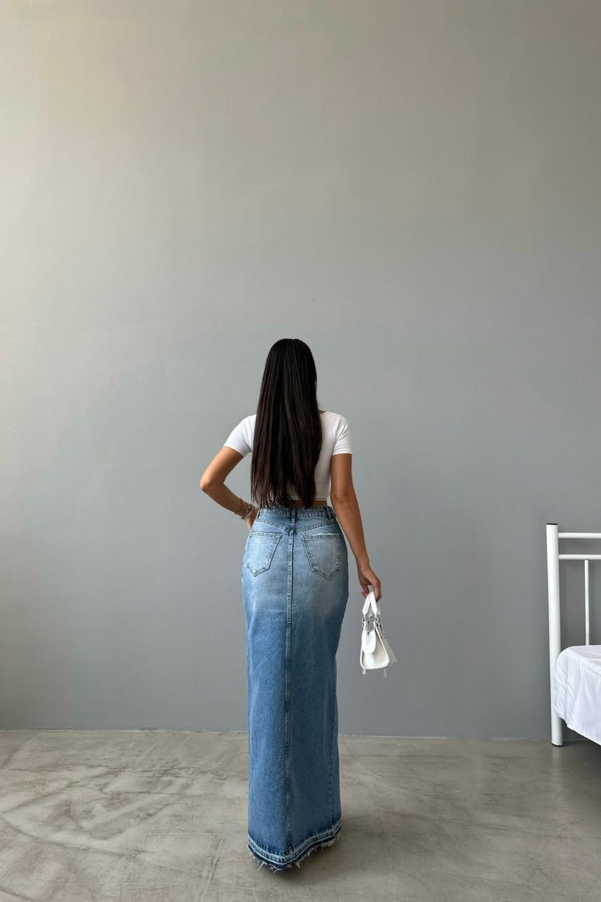 Long Slit Blue Jean Skirt