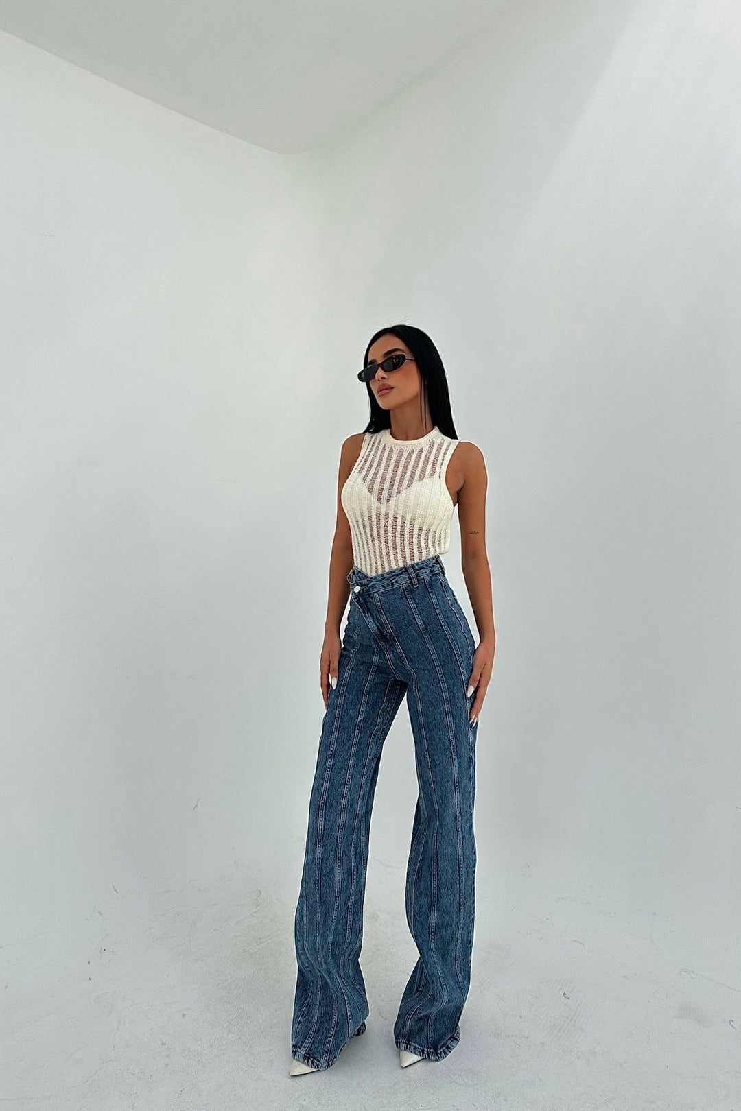 Cross-Button Flared Denim with Stitch Detailing