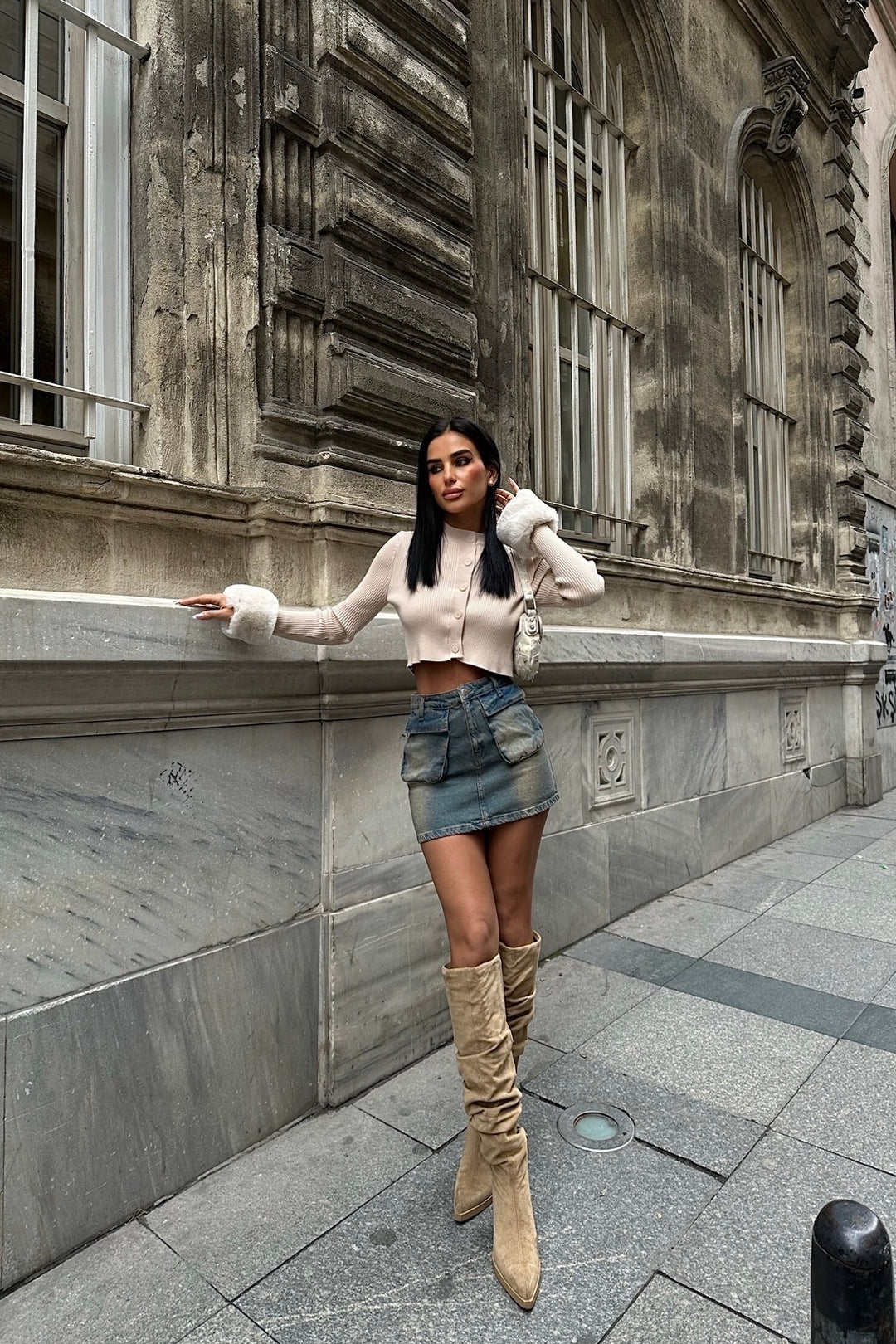 Fur Sleeve Hem Button Up Cardigan